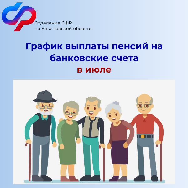 Отделение СФР по Ульяновской области обращает внимание жителей региона на изменение июльских дат выплаты на банковские счета пенсий и иных социальных выплат, выплачиваемых вместе с пенсией.