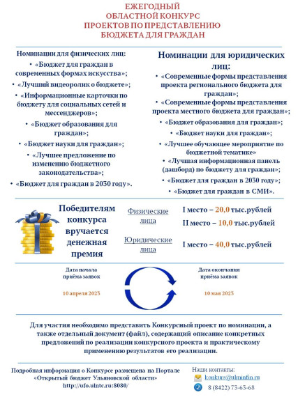 Министерство финансов Ульяновской области проводит ежегодный областной конкурс проектов по представлению бюджета для граждан. Его основная цель – вовлечение населения в бюджетный процесс и открытость данных, выявление лучших форм и способов информирования.